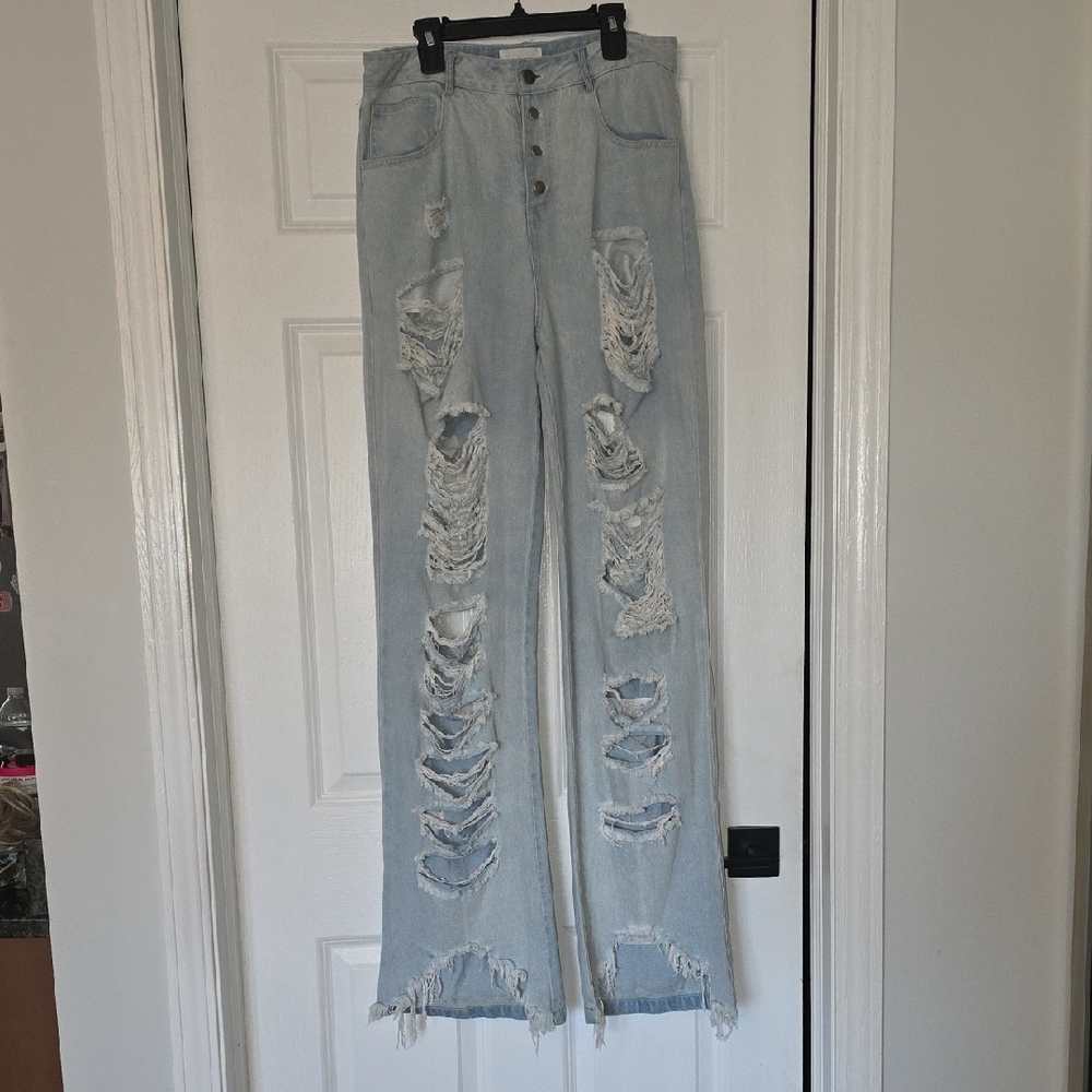 Nichole Lynel Sky Blue Distressed Wide Leg Jeans
